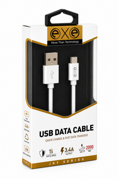 EXE USB-A to Type-C Hızlı Şarj ve Veri Aktarım Kablosu 3.4A 2 Metre Beyaz