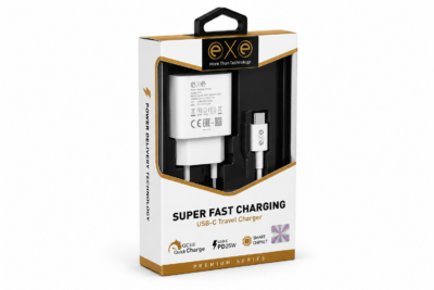 EXE 25W PD Süper Hızlı Şarj Seti USB-C Type-C Kablolu Beyaz