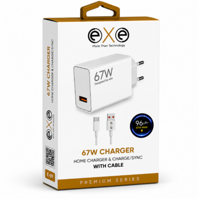 EXE 67W Süper Hızlı Şarj Adaptörü Type-C Kablolu USB-C Şarj Seti Beyaz