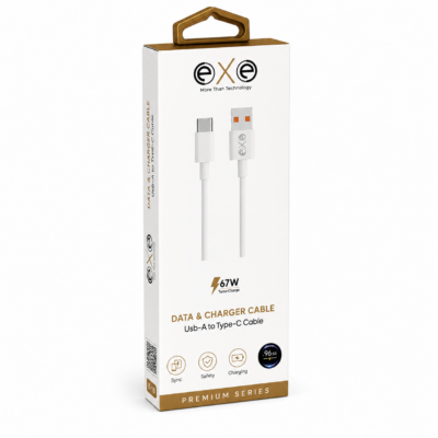 EXE 67W USB-A to Type-C Hızlı Şarj ve Data Kablosu Beyaz