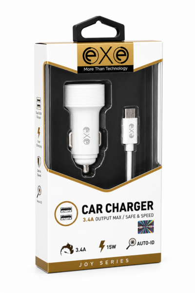 EXE 15W Çift USB Araç Şarj Adaptörü Micro USB Kablolu Hızlı Şarj Seti